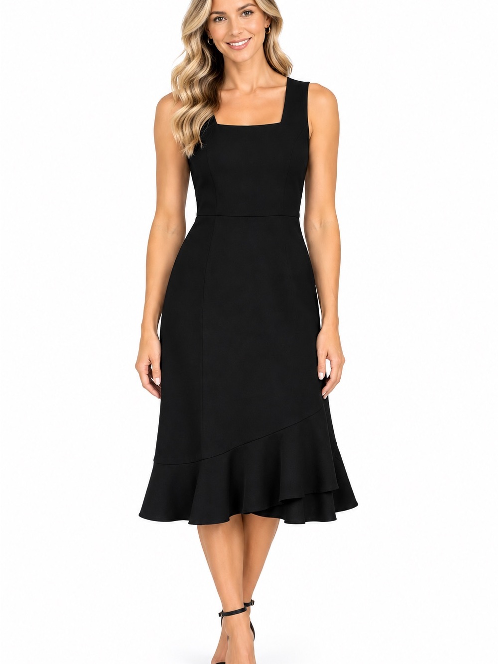 Banana Republic Black Square-Neck Ruffle-Hem Midi Dress